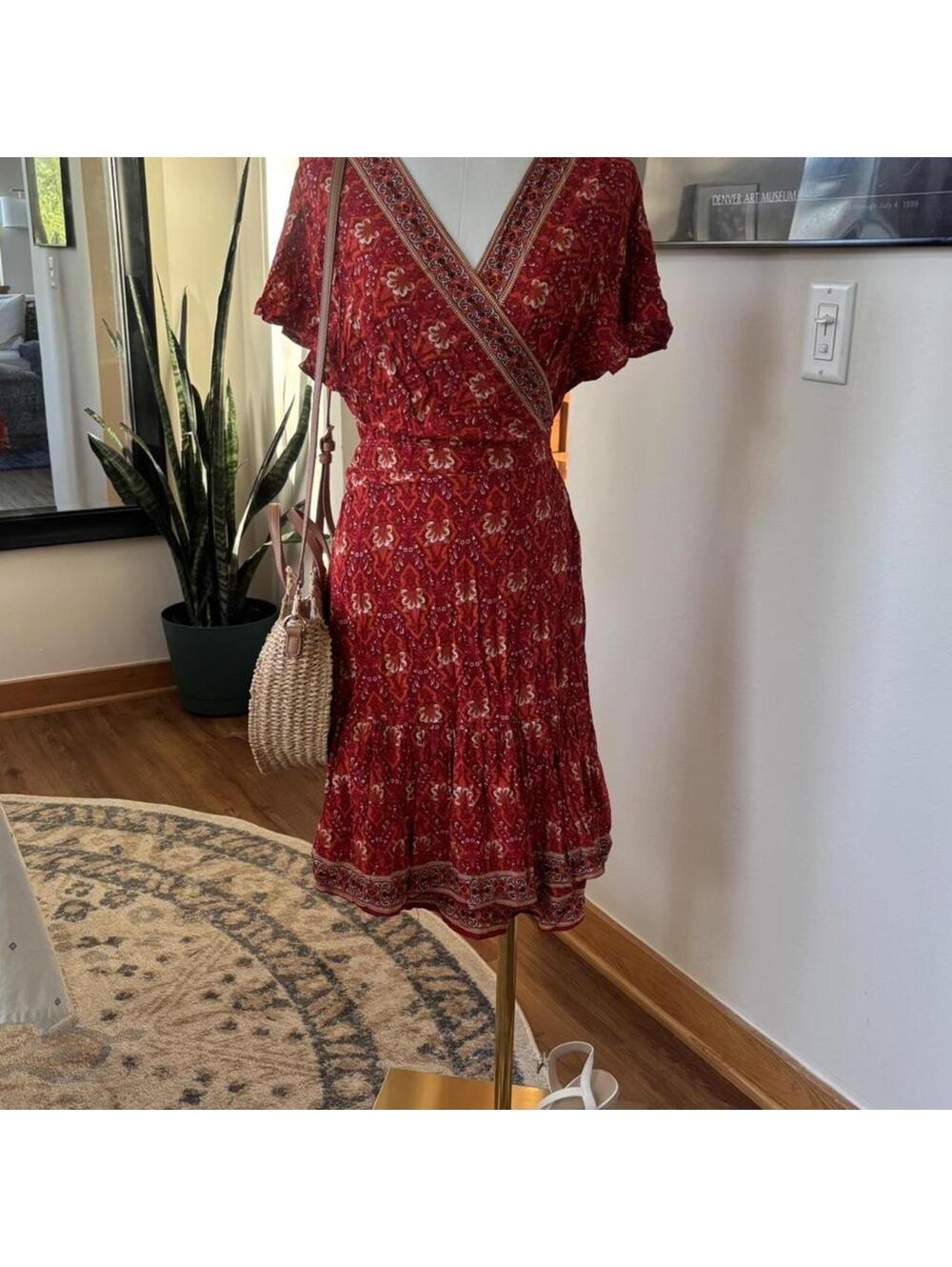 Zesica Red Boho Floral Wrap Dress Medium Cottagecore Festival Prairie Dress Chic